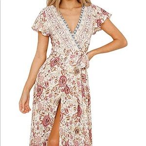 Bohemian Floral Printed Wrap V Neck Maxi Dress